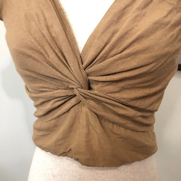 Japna Twist Front Linen Blend Crop Top Tag L Fits M Tan Brown Boho Cottagecore - Picture 2 of 9